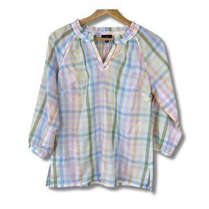 Talbots Women's Rainbow Plaid Blouse Top Ruffle Lightweight Cotton Petite